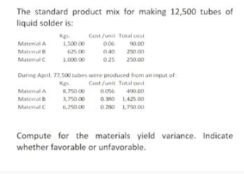 The standard product mix for making 12,500 tubes of liquid solder is: Material A 1,500.00 Material B 625.00