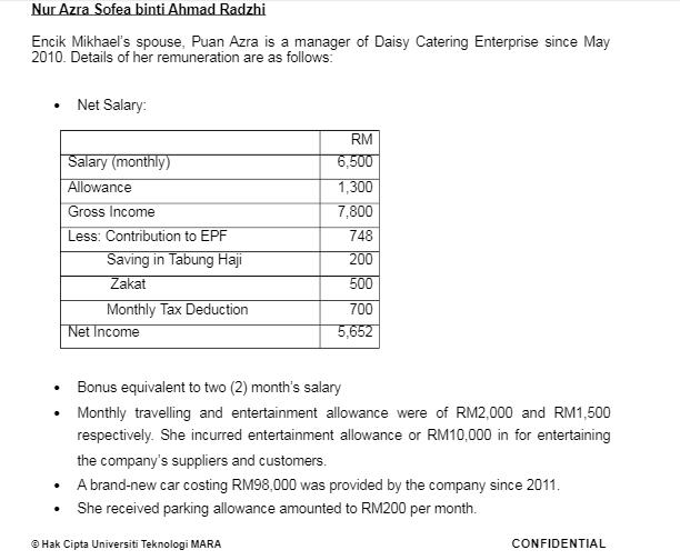 Nur Azra Sofea binti Ahmad Radzhi Encik Mikhael's spouse, Puan Azra is a manager of Daisy Catering Enterprise
