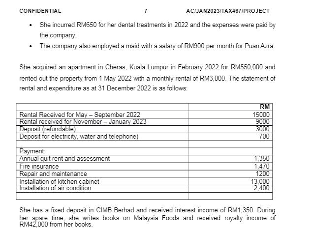 CONFIDENTIAL AC/JAN2023/TAX467/PROJECT She incurred RM650 for her dental treatments in 2022 and the expenses