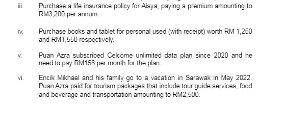 E III. iv. V. vi. Purchase a life insurance policy for Aisya, paying a premium amounting to RM3,200 per