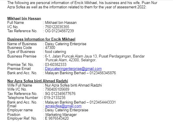 The following are personal information of Encik Mikhael, his business and his wife, Puan Nur Azra Sofea as