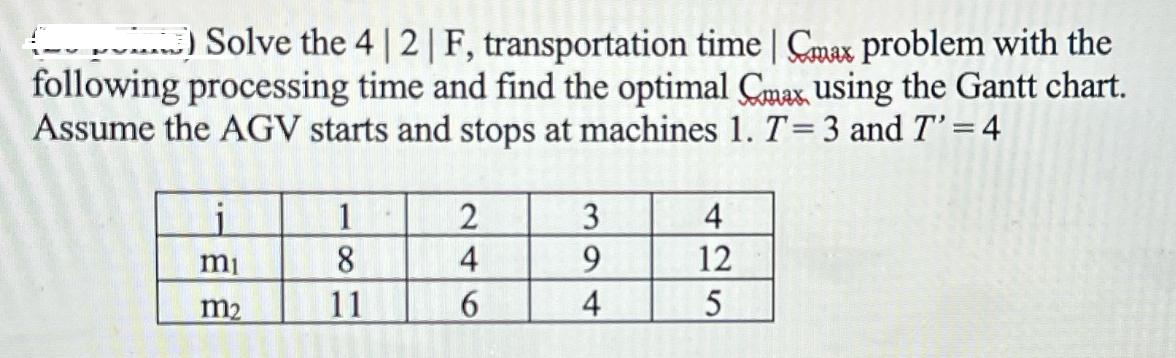 ) Solve the 4 | 2 | F, transportation time | Cmax problem with the following processing time and find the