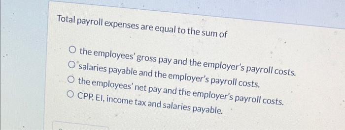 Total payroll expenses are equal to the sum of O the employees' gross pay and the employer's payroll costs. O