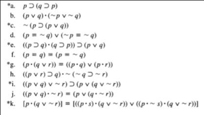 *a. p (qp) b. (pv q) (~pv~q) *c. (p (pv q)) N *e. d. (p=~q) v (~p=~q) ((pq) (qp)) (pv q) (p= q) = (p=~q) f.