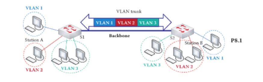 VLAN 1 Station A VLAN 2 VLAN 3 $1 VLAN trunk VLAN I VLAN 2 VLAN 3 Backbone VLAN 3 Station B VLAN 2 VLAN 1 P8.1