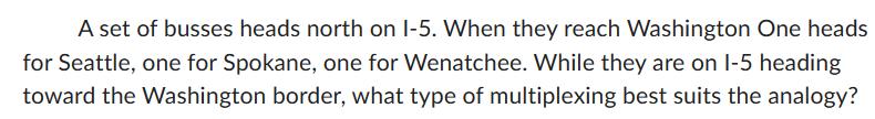 A set of busses heads north on 1-5. When they reach Washington One heads for Seattle, one for Spokane, one