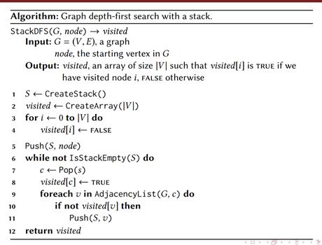 Algorithm: Graph depth-first search with a stack. StackDFS (G, node)  visited Input: G = (V, E), a graph 1 S