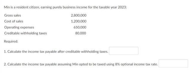 Min is a resident citizen, earning purely business income for the taxable year 2023: Gross sales 2,800,000