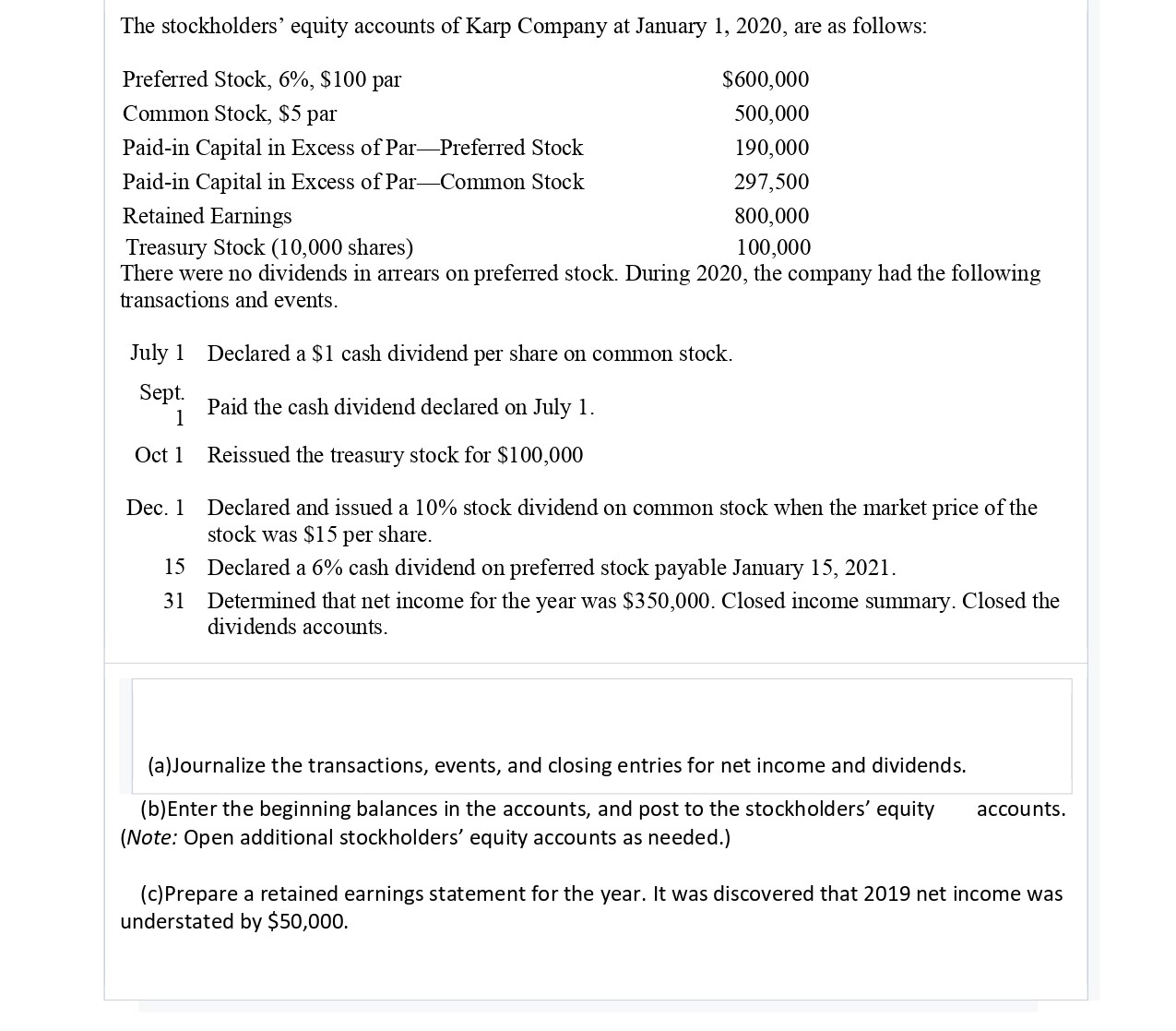 The stockholders' equity accounts of Karp Company at January 1, 2020, are as follows: Preferred Stock, 6%,