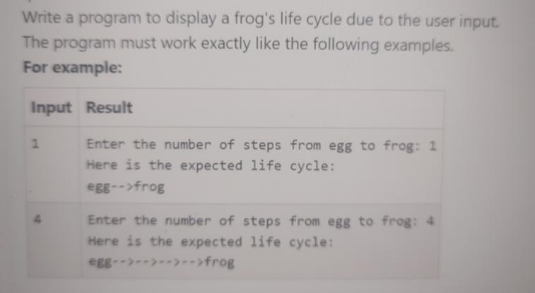 Write a program to display a frog's life cycle due to the user input. The program must work exactly like the