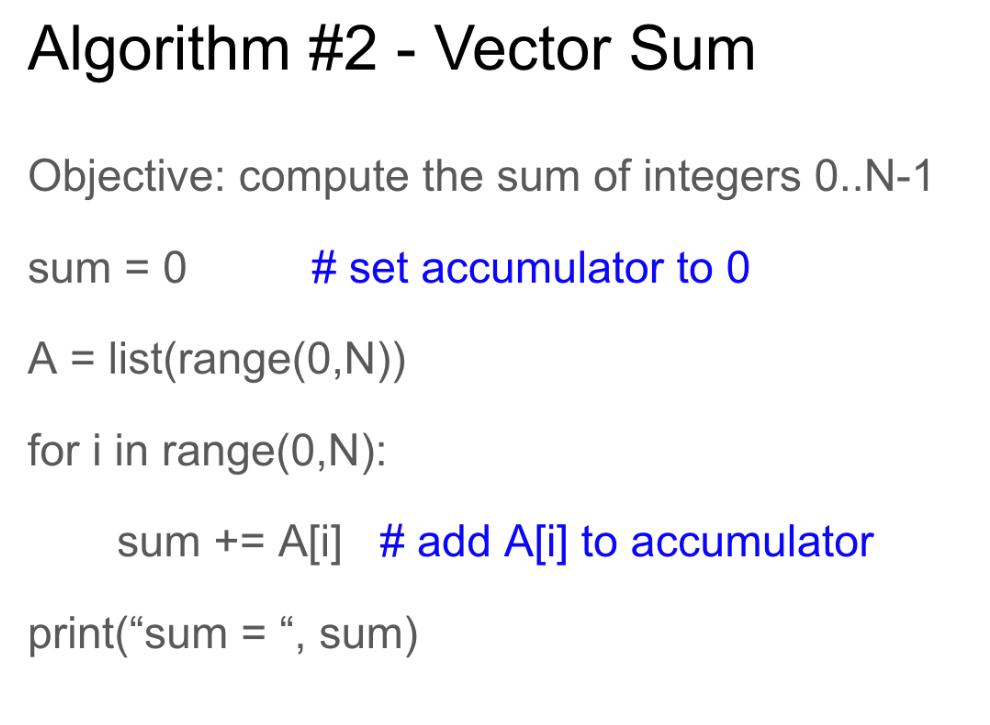 Algorithm #2 - Vector Sum Objective: compute the sum of integers 0..N-1 sum = 0 # set accumulator to 0 A =