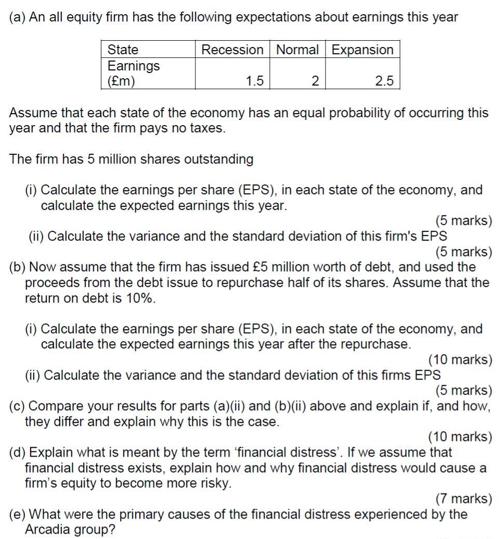 (a) An all equity firm has the following expectations about earnings this year Recession Normal Expansion