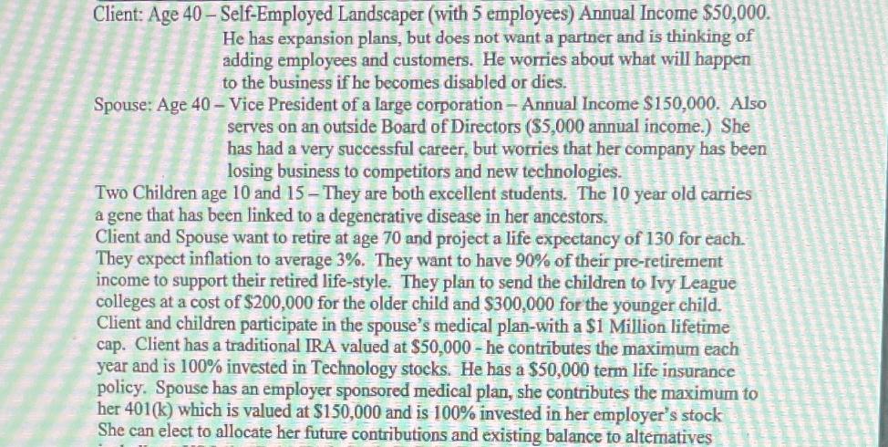 Client: Age 40-Self-Employed Landscaper (with 5 employees) Annual Income $50,000. He has expansion plans, but