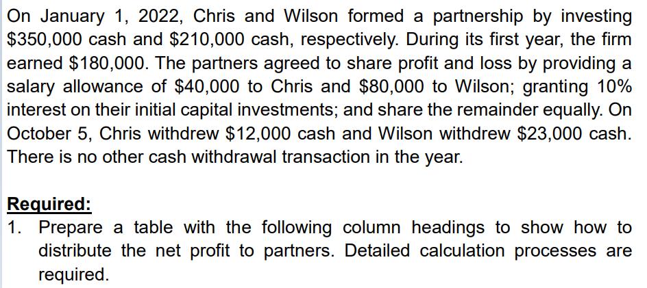 On January 1, 2022, Chris and Wilson formed a partnership by investing $350,000 cash and $210,000 cash,