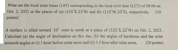 What are the local solar times (LST) corresponding to the local civil time (LCT) of 09:00 on Oct. 2, 2023 at
