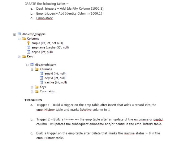 0 0 1 CREATE the following tables - a. Dept triggers - Add Identity Column (1000,1) b. Emp triggers-Add