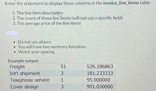 Enter the statement to display these columns in the invoice_line_items table: 1. The line item description 2.