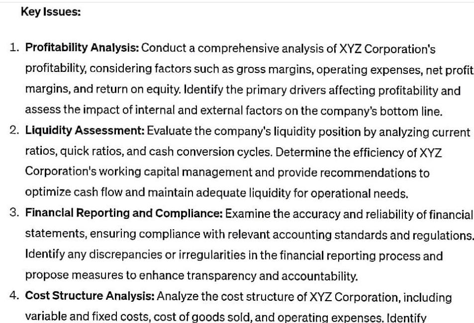 Key Issues: 1. Profitability Analysis: Conduct a comprehensive analysis of XYZ Corporation's profitability,