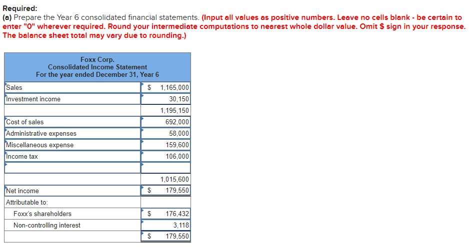 Required: (a) Prepare the Year 6 consolidated financial statements. (Input all values as positive numbers.