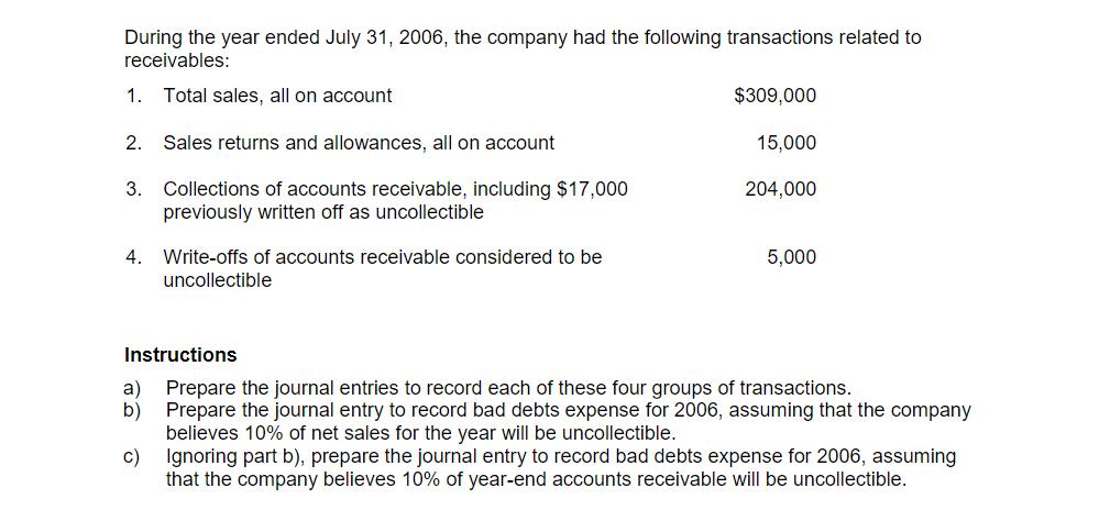 During the year ended July 31, 2006, the company had the following transactions related to receivables: 1.