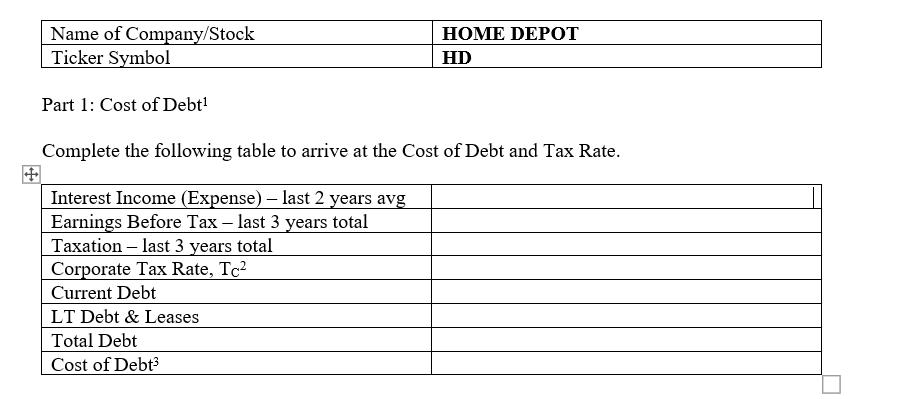 Name of Company/Stock Ticker Symbol Part 1: Cost of Debt HOME DEPOT HD Complete the following table to arrive
