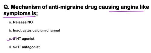 Q. Mechanism of anti-migraine drug causing angina like symptoms is; a. Release NO b. Inactivates calcium