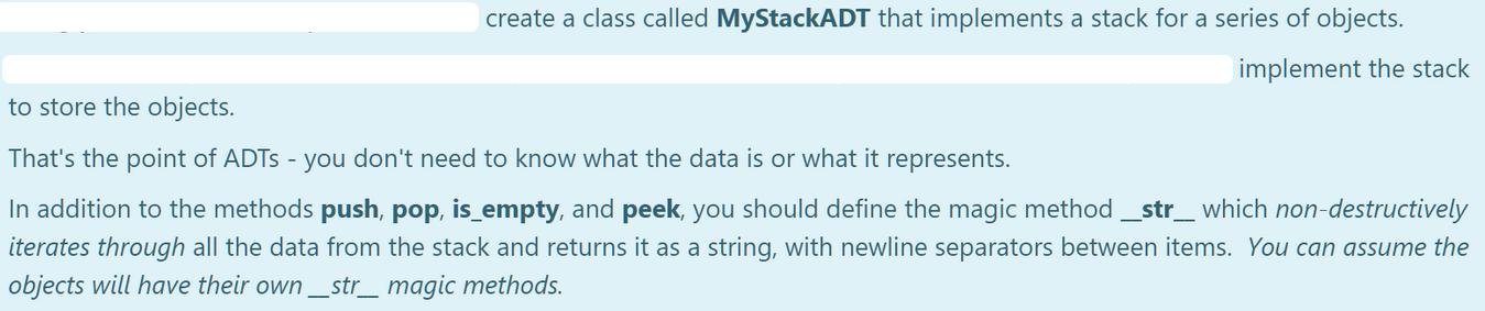 create a class called MyStackADT that implements a stack for a series of objects. implement the stack to