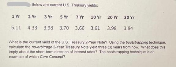 1 Yr 5.11 Below are current U.S. Treasury yields: 2 Yr 3 Yr 5 Yr 4.33 3.98 3.70 7 Yr 3.66 10 Yr 20 Yr 3.61