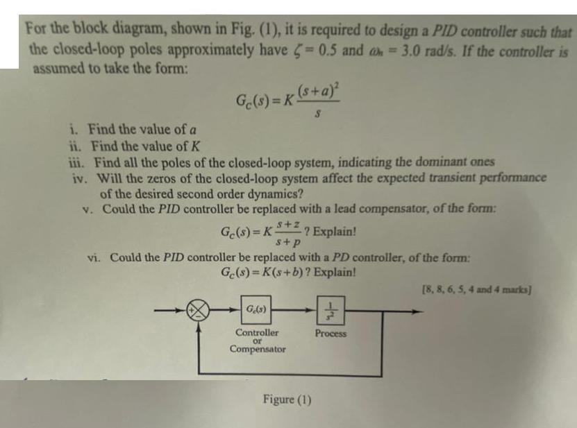 For the block diagram, shown in Fig. (1), it is required to design a PID controller such that the closed-loop