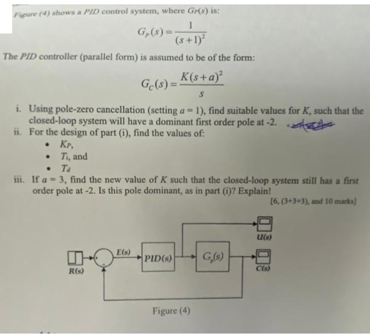 Figure (4) shows a PID control system, where Gr(s) is: 1 G(s)= (s+1) The PID controller (parallel form) is