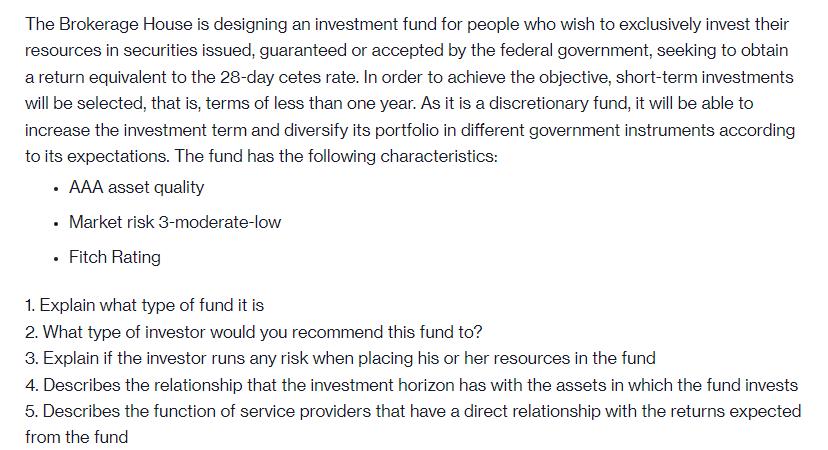 The Brokerage House is designing an investment fund for people who wish to exclusively invest their resources