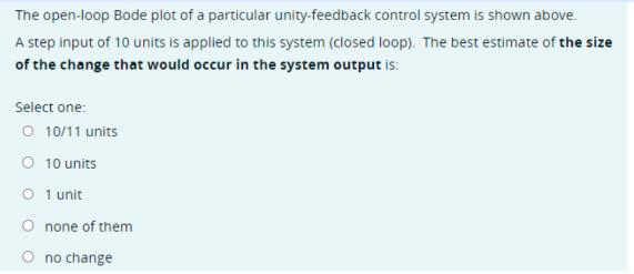 The open-loop Bode plot of a particular unity-feedback control system is shown above. A step input of 10