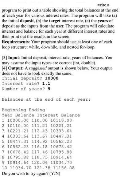write a program to print out a table showing the total balances at the end of each year for various interest