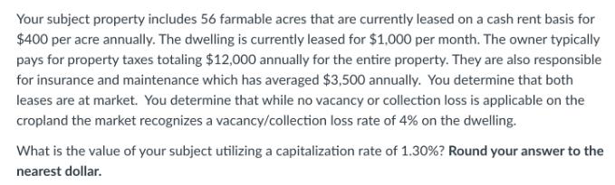 Your subject property includes 56 farmable acres that are currently leased on a cash rent basis for $400 per