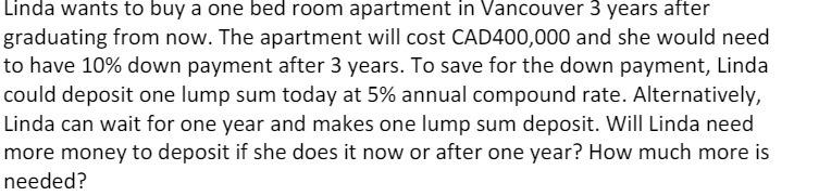 Linda wants to buy a one bed room apartment in Vancouver 3 years after graduating from now. The apartment