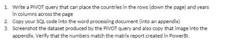 1. Write a PIVOT query that can place the countries in the rows (down the page) and years in columns across