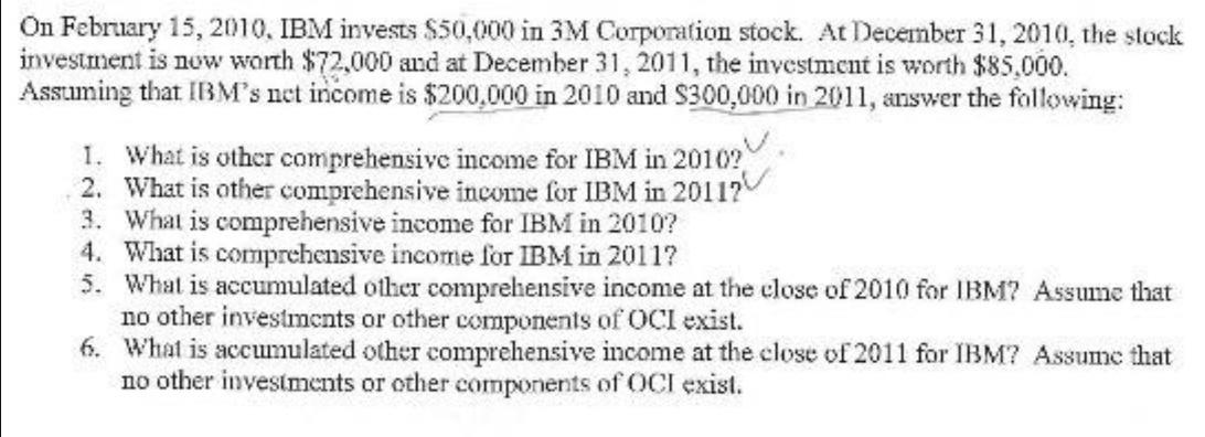 On February 15, 2010, IBM invests $50,000 in 3M Corporation stock. At December 31, 2010, the stock investment