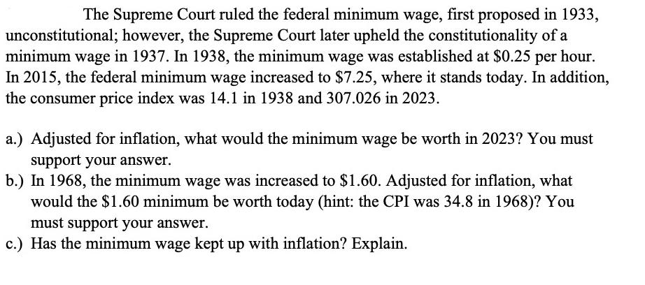 The Supreme Court ruled the federal minimum wage, first proposed in 1933, unconstitutional; however, the