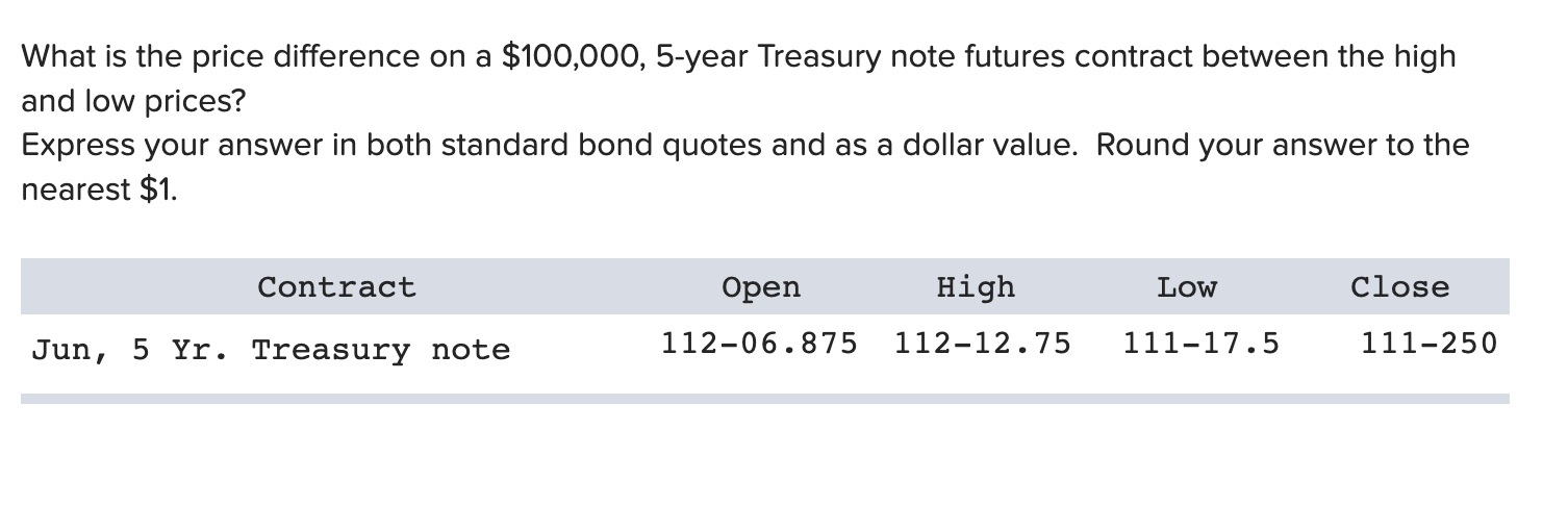 What is the price difference on a $100,000, 5-year Treasury note futures contract between the high and low