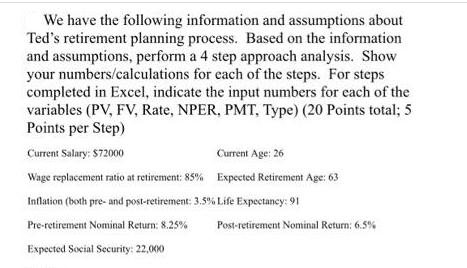 We have the following information and assumptions about Ted's retirement planning process. Based on the