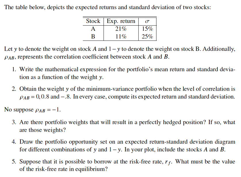 The table below, depicts the expected returns and standard deviation of two stocks: Stock Exp. return  A 15%