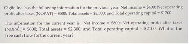 Giglio Inc. has the following information for the previous year: Net income = $400; Net operating profit
