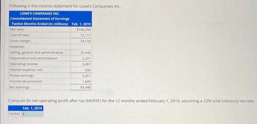 Following is the income statement for Lowe's Companies Inc. LOWE'S COMPANIES INC. Consolidated Statement of