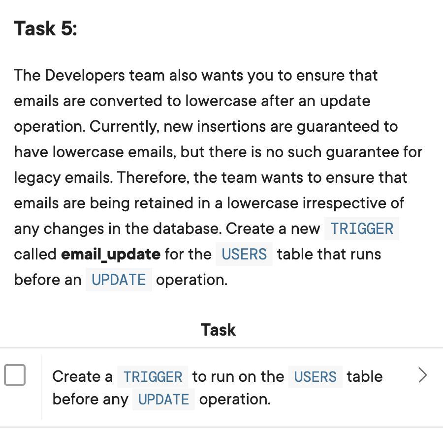 Task 5: The Developers team also wants you to ensure that emails are converted to lowercase after an update