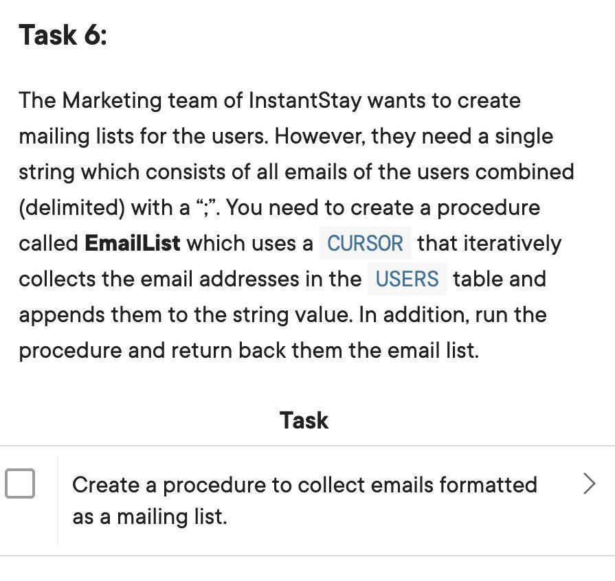 Task 6: The Marketing team of InstantStay wants to create mailing lists for the users. However, they need a