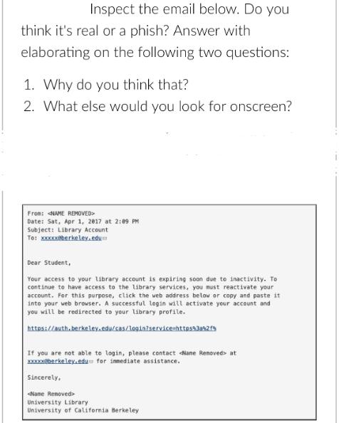 Inspect the email below. Do you think it's real or a phish? Answer with elaborating on the following two
