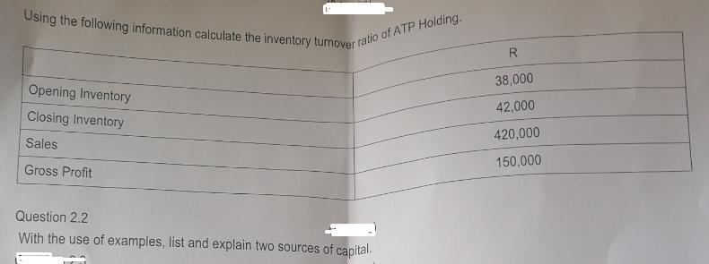 1 Using the following information calculate the inventory turnover ratio of ATP Holding. Opening Inventory