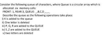 Consider the following queue of characters, where Queue is a circular array which is allocated six memory