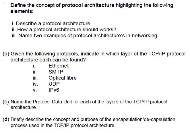 Define the concept of protocol architecture highlighting the following elements: i. Describe a protocol