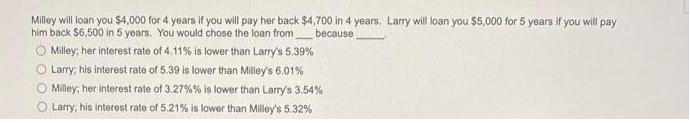 Milley will loan you $4,000 for 4 years if you will pay her back $4,700 in 4 years. Larry will loan you